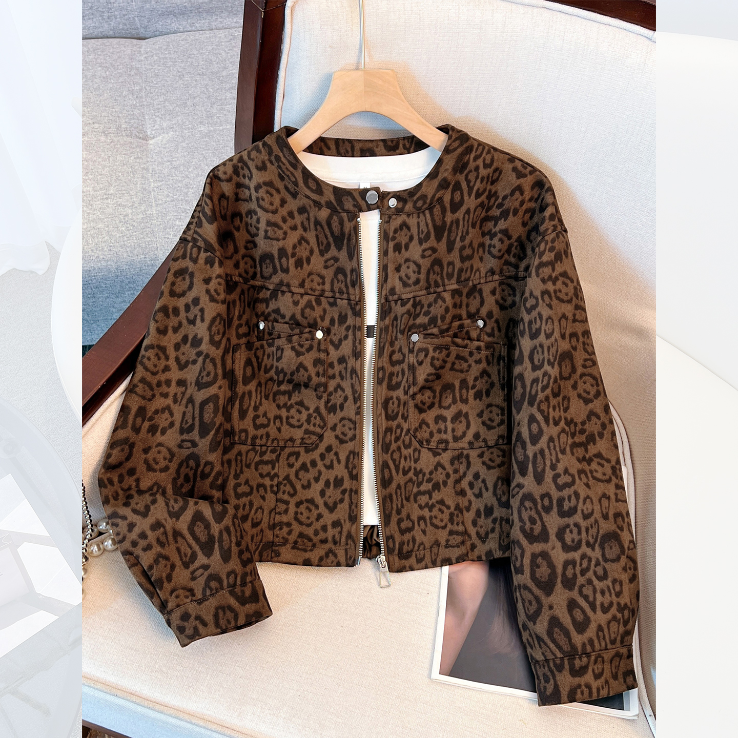 美拉德棕咖色麂皮绒豹纹外套女