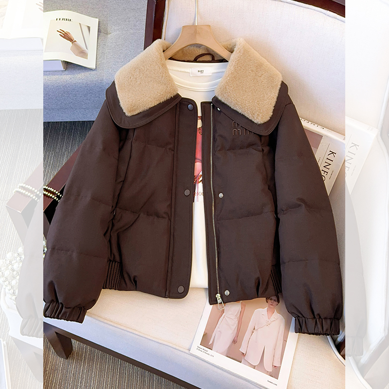 美拉德棕咖色娃娃翻领短款羽绒服