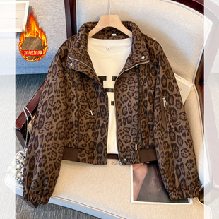 美式复古立领豹纹麂皮绒面加绒加厚短款外套女2025秋冬装新款夹克
