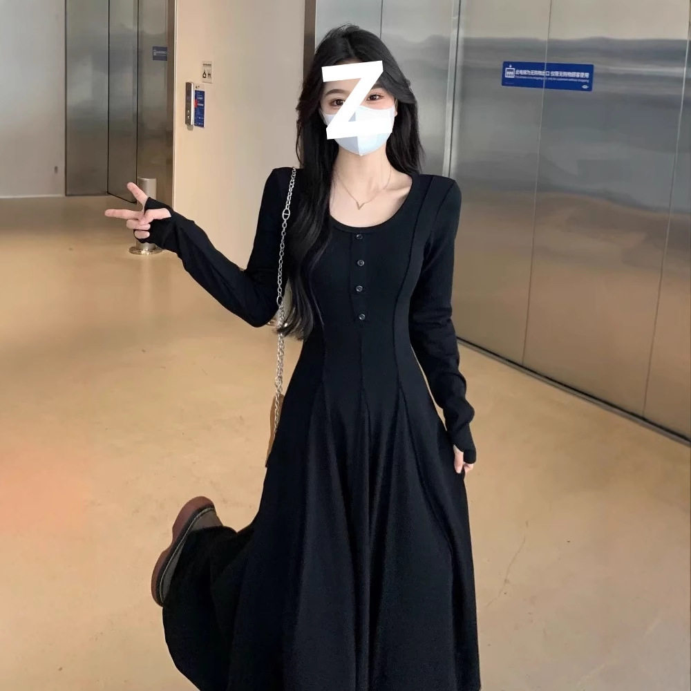 秋款黑色内搭连衣裙女中长裙