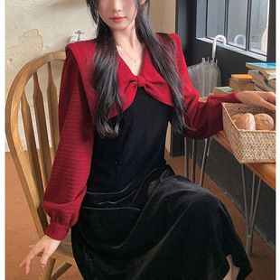 大码胖mm秋冬赫本风高腰连衣裙美式淑女显瘦遮肚子小个子长袖裙子