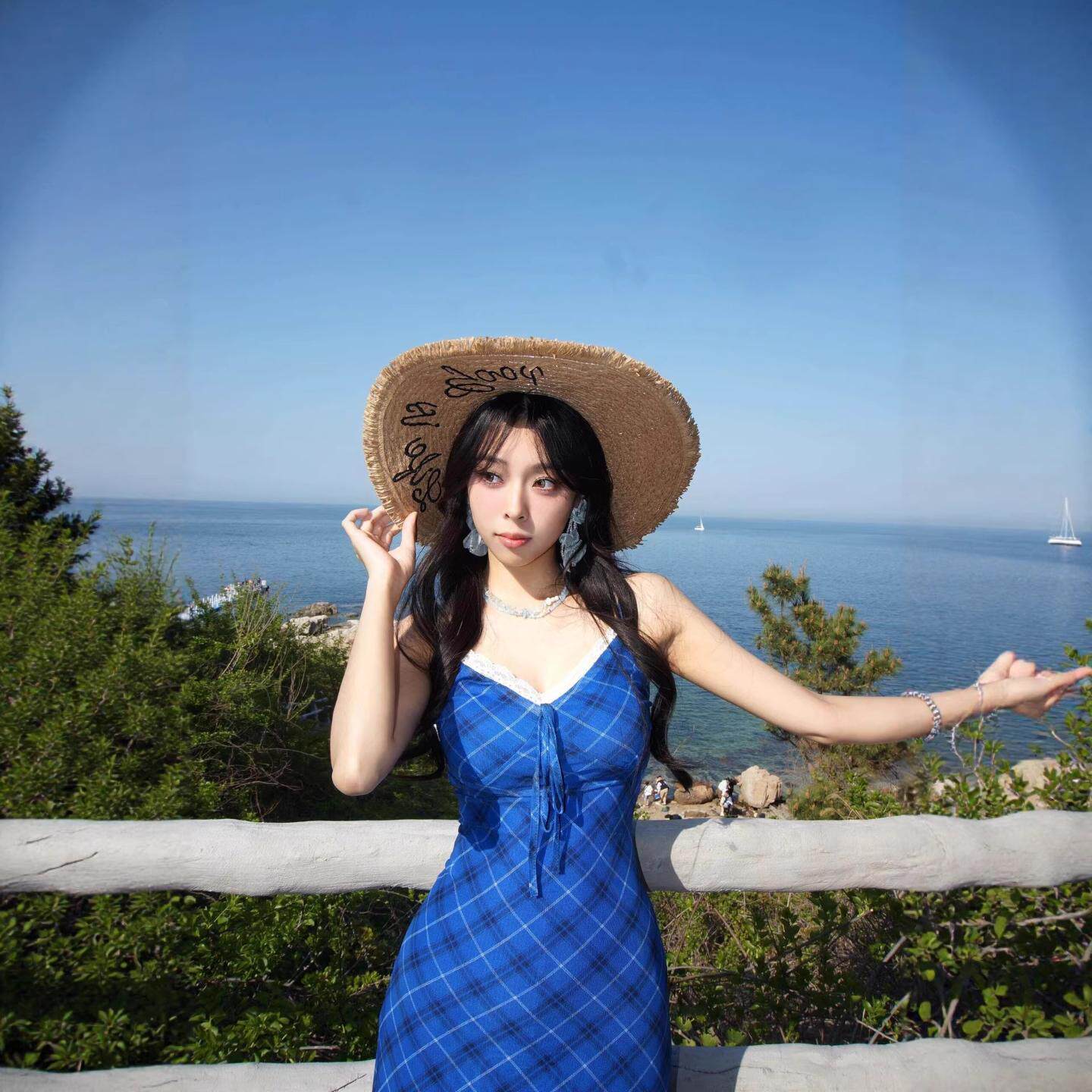 蕾丝花边网纱气质包臀长裙法式蓝