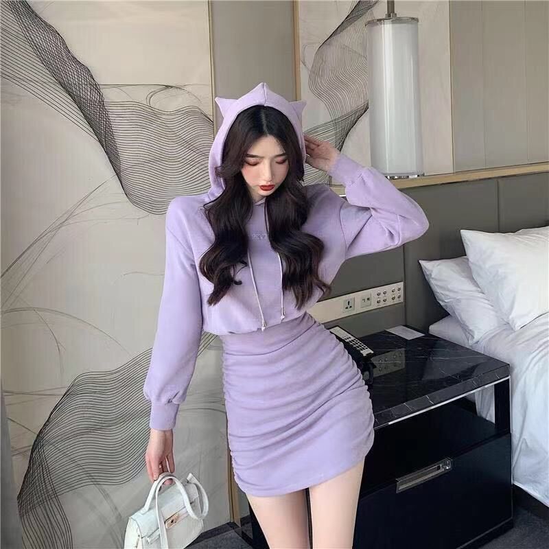 2025秋冬新款ins时尚可爱连帽卫衣中长款裙子长袖卫衣连衣裙女潮