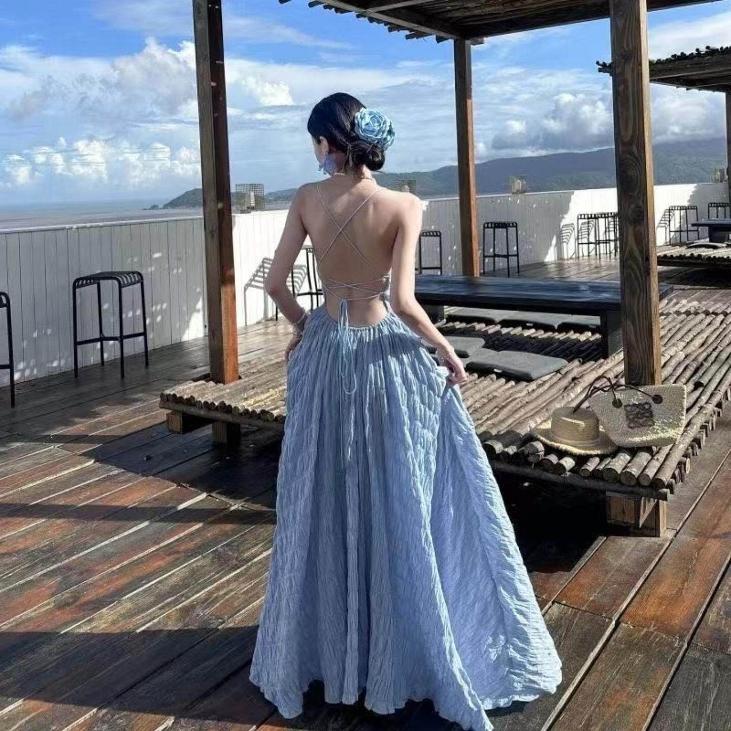 超仙海浪蓝纯欲风露背收腰显瘦大