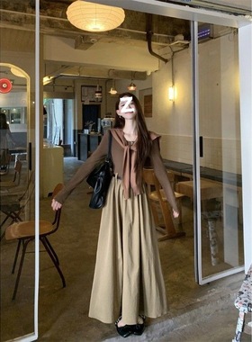 2025新款复古气质撞色圆领长袖连衣裙女春秋季设计感拼接长裙子