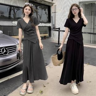 微胖mm显瘦短袖 夏装 女大码 套装 T恤上衣半身裙两件套 裙两件套夏季