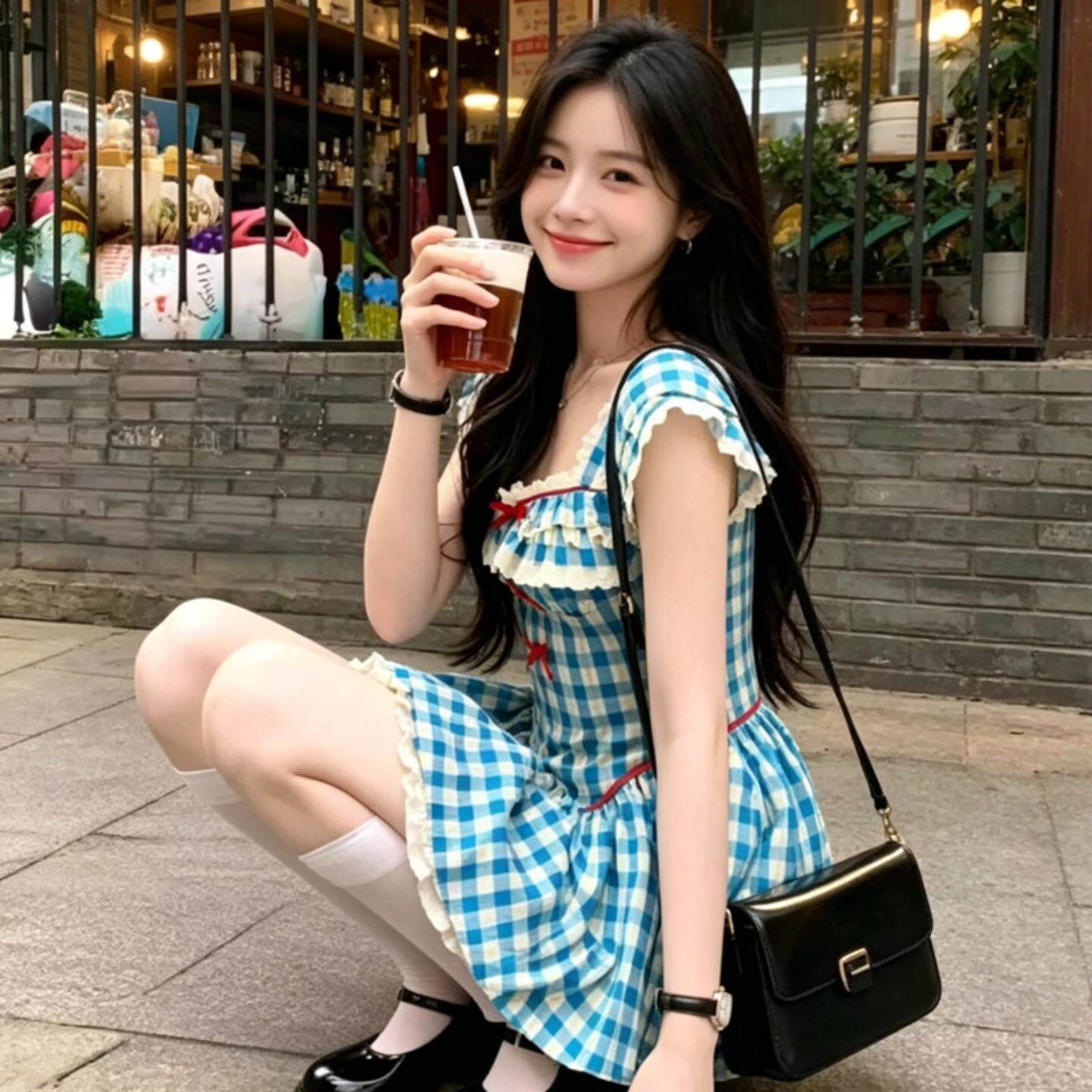 法式甜美小飞袖蓝格子连衣裙女