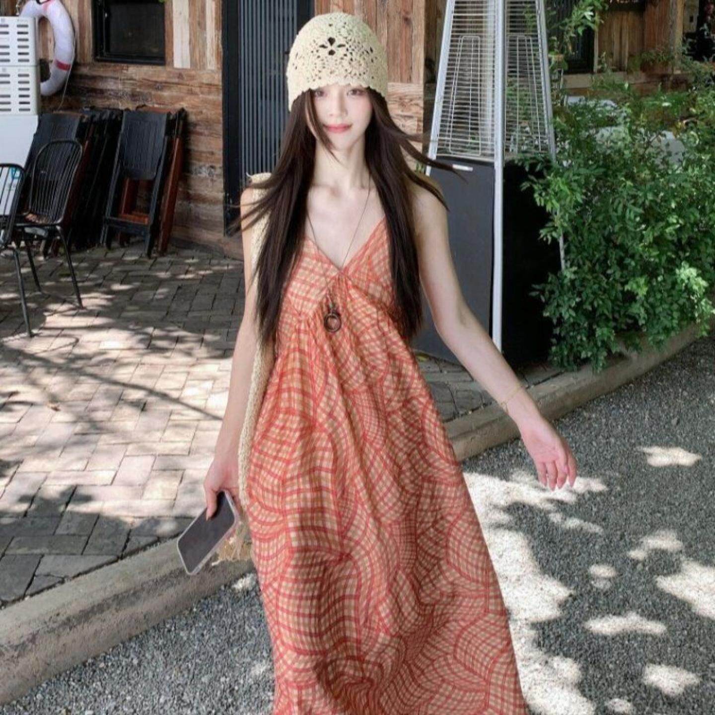 气质度假风复古吊带连衣裙女夏季