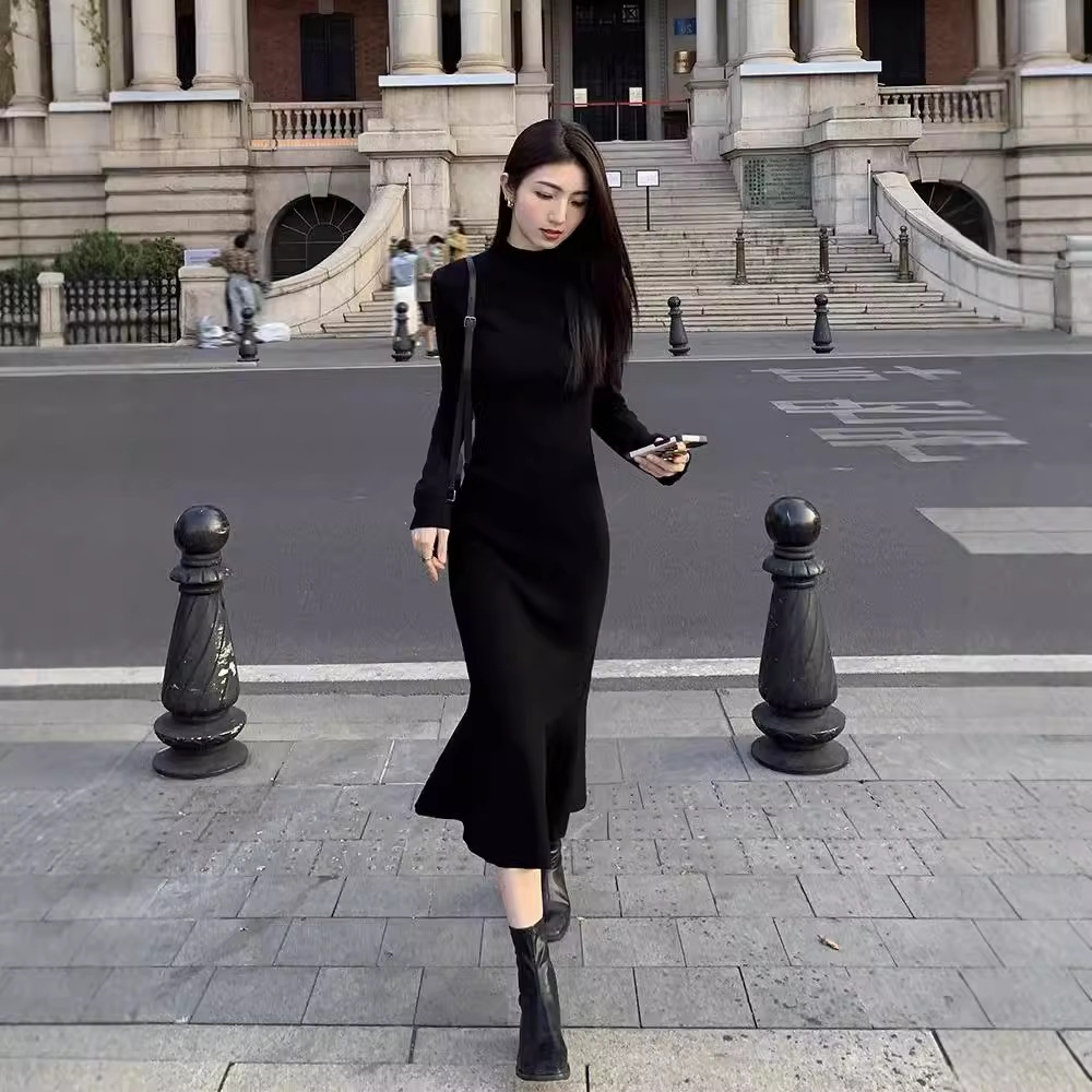 【针织裙】赫本风黑色内搭打底针织连衣裙配大衣修身长款毛衣鱼尾