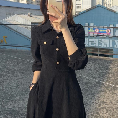 黑色赫本风灯芯绒连衣裙女