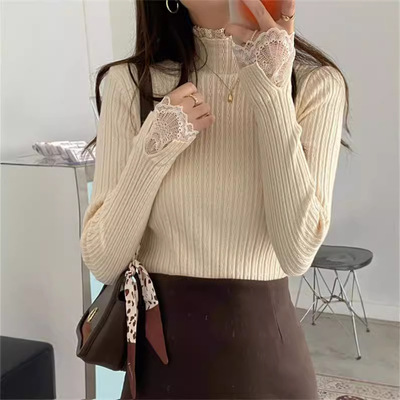 半高领蕾丝打底衫女秋冬针织内搭