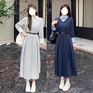 秋冬新款女装学院风入秋穿搭配一整套假两件连衣裙子女长裙女装