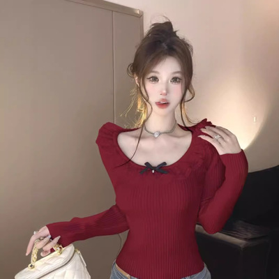 法式修身短款蕾丝毛衣女