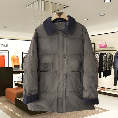 姚家铺子2568冬季高端翻领拼接羽绒服女中长款灰色白鸭绒保暖外套