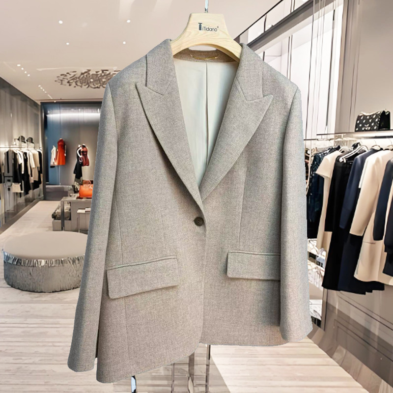 顶奢真LP进口面料燕麦灰磨毛一粒扣高端羊毛时尚高级感毛呢女西装
