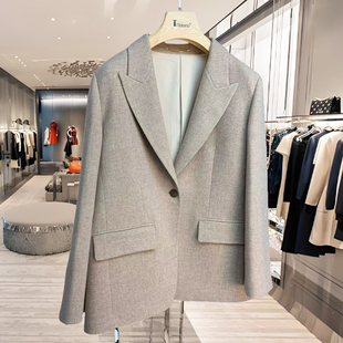顶奢真LP进口面料燕麦灰磨毛一粒扣高端羊毛时尚高级感毛呢女西装