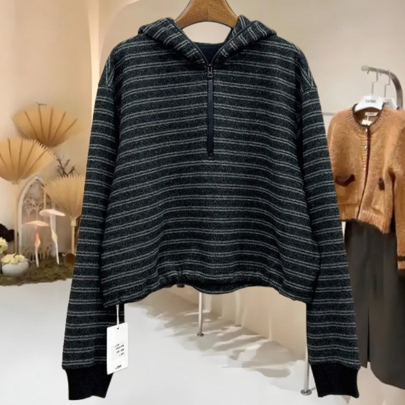 YKS秋冬新款复古条纹宽松连帽加绒卫衣半拉链长袖上衣潮258855