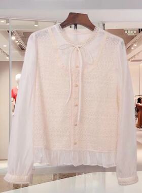 TSPL26078法式蕾丝拼接长袖衬衫女2026早春圆领系带花边上衣