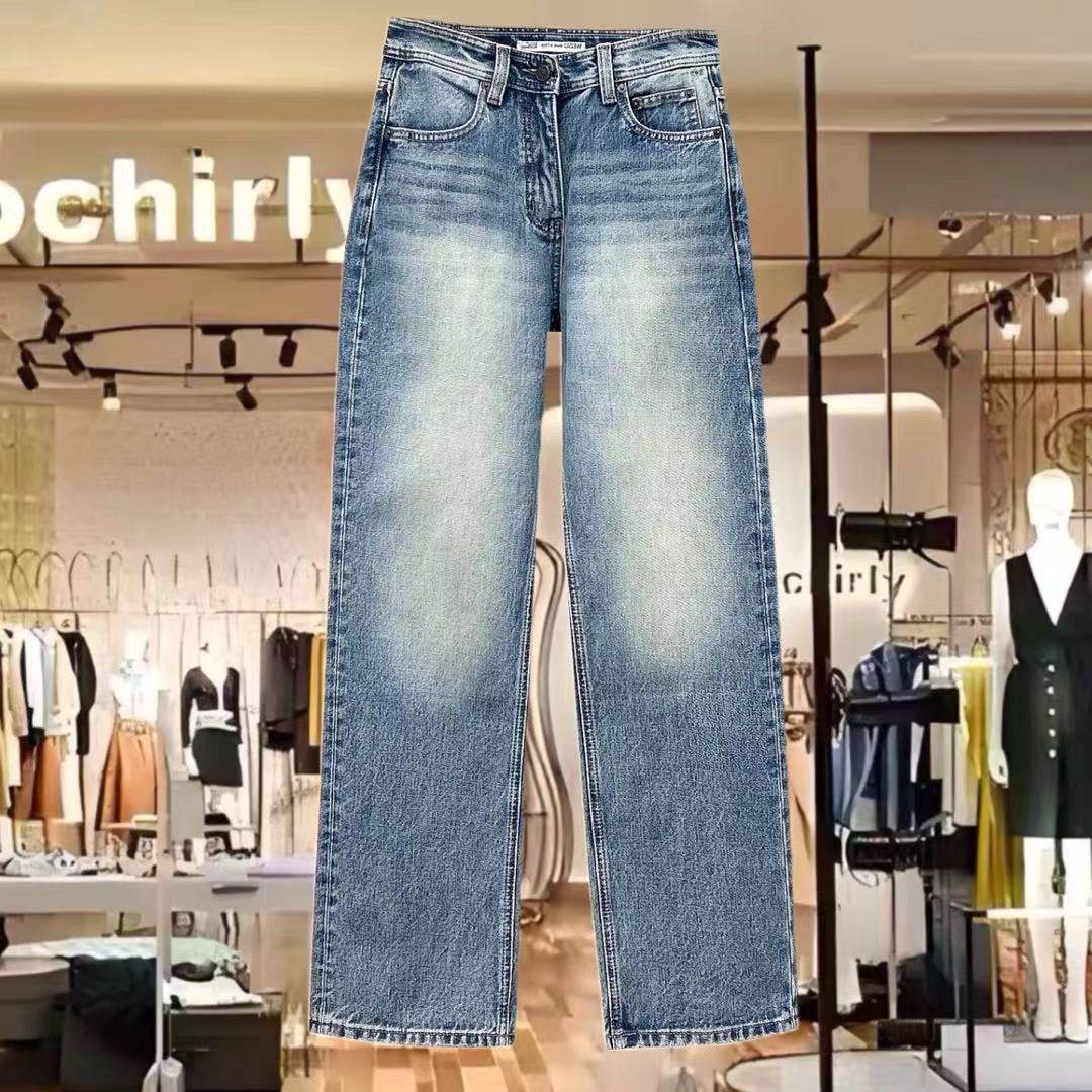 WEISU唯速秋冬新款无弹蓝色磨毛窄版直筒牛仔裤女洋气长裤57299-4