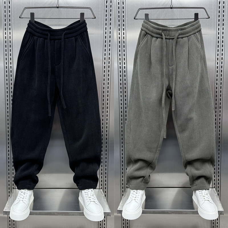 休闲裤男士2023冬季新款加绒加厚运动裤青年宽松直筒灯芯绒哈伦裤