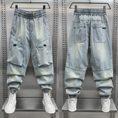 牛仔裤 男2024夏季 新款 多口袋工装 潮牌宽松束脚水洗复古九分哈伦裤
