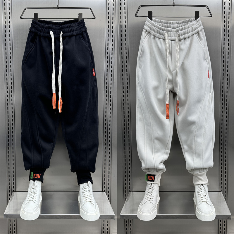 男裤秋冬2024新款休闲裤个性拼接加绒运动卫裤宽松束脚痞帅哈伦裤,男装,休闲裤,淘宝优惠券,粉丝福利购,淘宝优惠卷