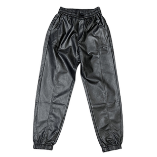 秋冬新款加绒加厚男士pu皮裤外卖骑手防风防水保暖青年拼接哈伦裤