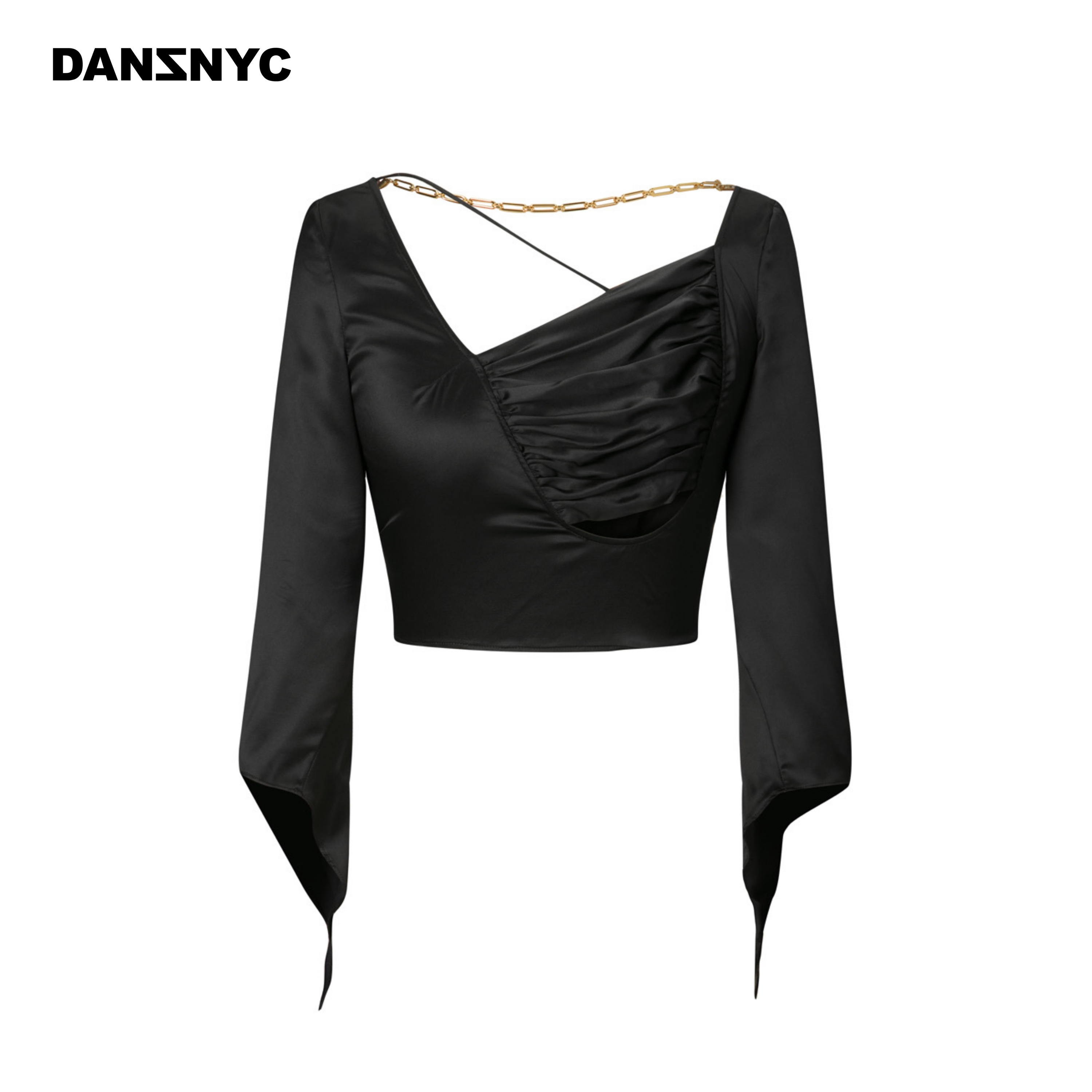黑色露背不对称中袖上衣