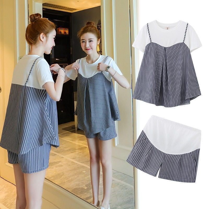 孕妇装春夏装条纹新款托腹裤短袖宽松孕妇T恤潮上衣两件套装