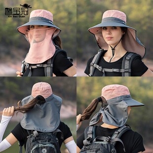 夏季 男女士户外遮阳帽马尾孔网孔透气防晒渔夫帽檐登山太阳帽9014