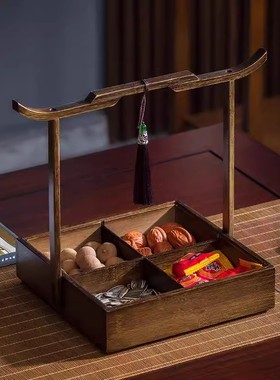 新中式复古四宫格点心盘茶楼客厅茶点心家用零食盒干果盘竹托盘