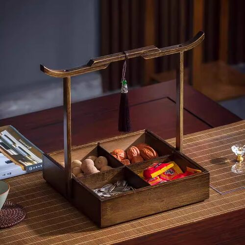 新中式复古四宫格点心盘茶楼客厅茶点心家用零食盒干果盘竹托盘