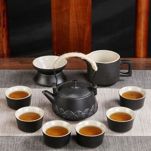 家用办公提梁茶壶盖碗茶杯茶盘中式 禅风黑陶功夫茶具套装 茶具整套