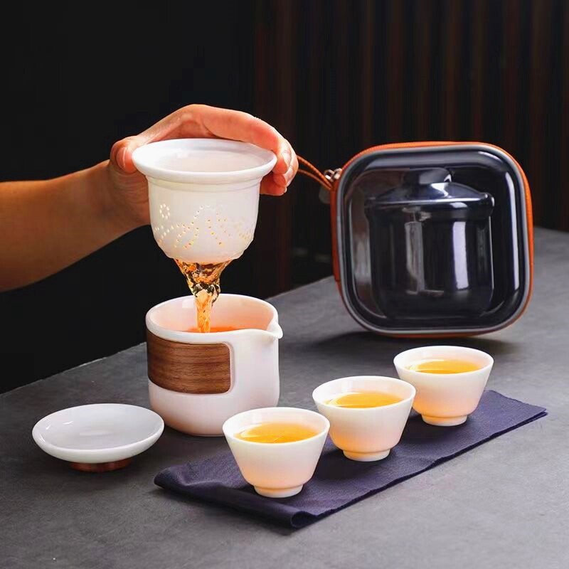 羊脂玉白瓷快客杯一壶二杯家用简约防烫手抓壶便携式旅行茶具套装