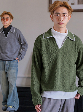 GOODLIVEABLE 美式复古肌理感V领提花针织衫氛围感秋冬慵懒毛衣男