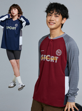 GOODLIVEABLE美式速干透气拼色长袖T恤男户外运动复古红色足球服