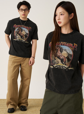 GOODLIVEABLE 马年主题洗水做旧印花t恤美式复古百搭休闲短袖男潮