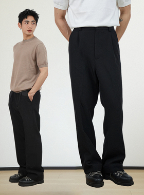 GOODLIVEABLE 混纺抗皱日常通勤直筒西裤宽松百搭休闲黑色长裤男