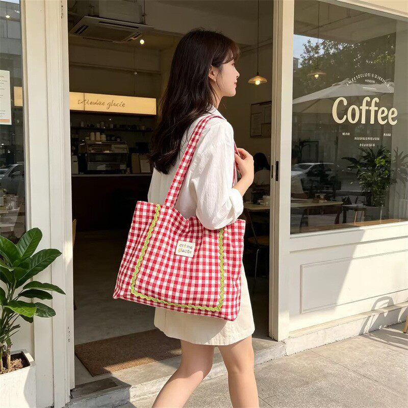 百搭格子单肩包上课通勤包甜美女