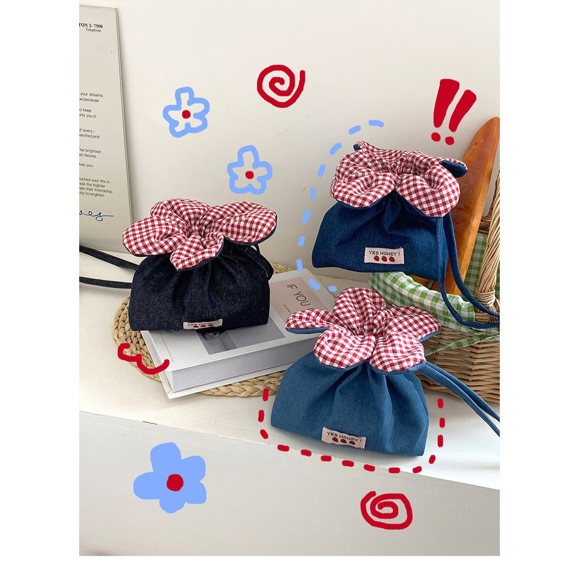 日韩新款可爱牛仔小花斜挎手机包