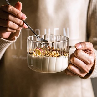 高硼硅玻璃早餐杯大容量带把手牛奶燕麦杯可微波酸奶沙拉碗水杯子