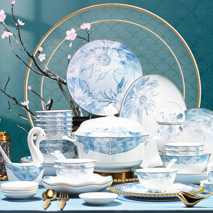 碗碟套装骨瓷家用轻奢新中式新款高档景德镇碗盘餐具全套乔迁礼品