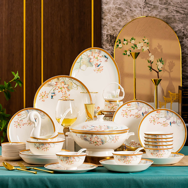 新中式出水芙蓉骨瓷碗碟套装送礼