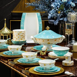 高档骨瓷餐具碗碟盘组合乔迁釉中彩景德镇陶瓷碗筷套装 家用礼品