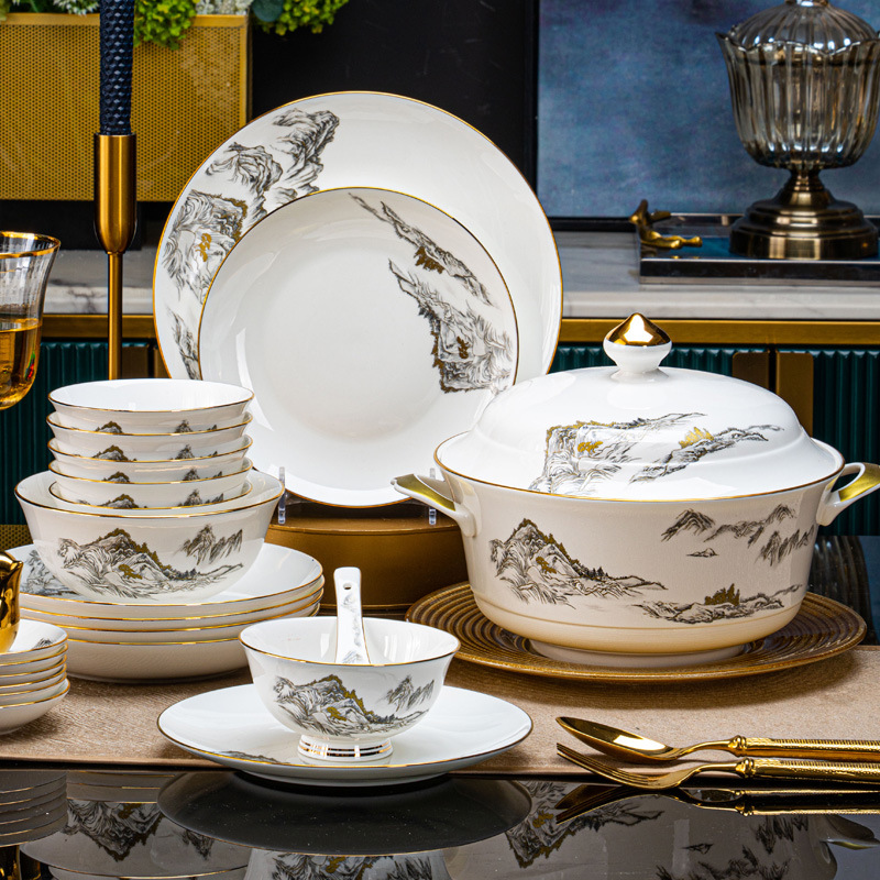 景德镇餐具碗碟家用陶瓷骨瓷轻奢碗碟盘散件全套礼品水墨黄金山水