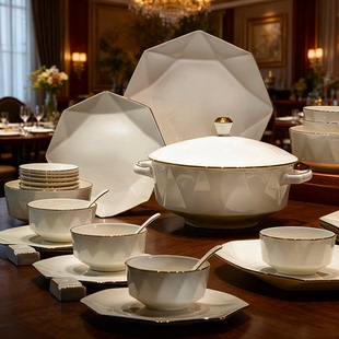 景德镇陶瓷釉下彩餐具简约现代轻奢骨瓷碗盘乔迁碗碟套装家用高级