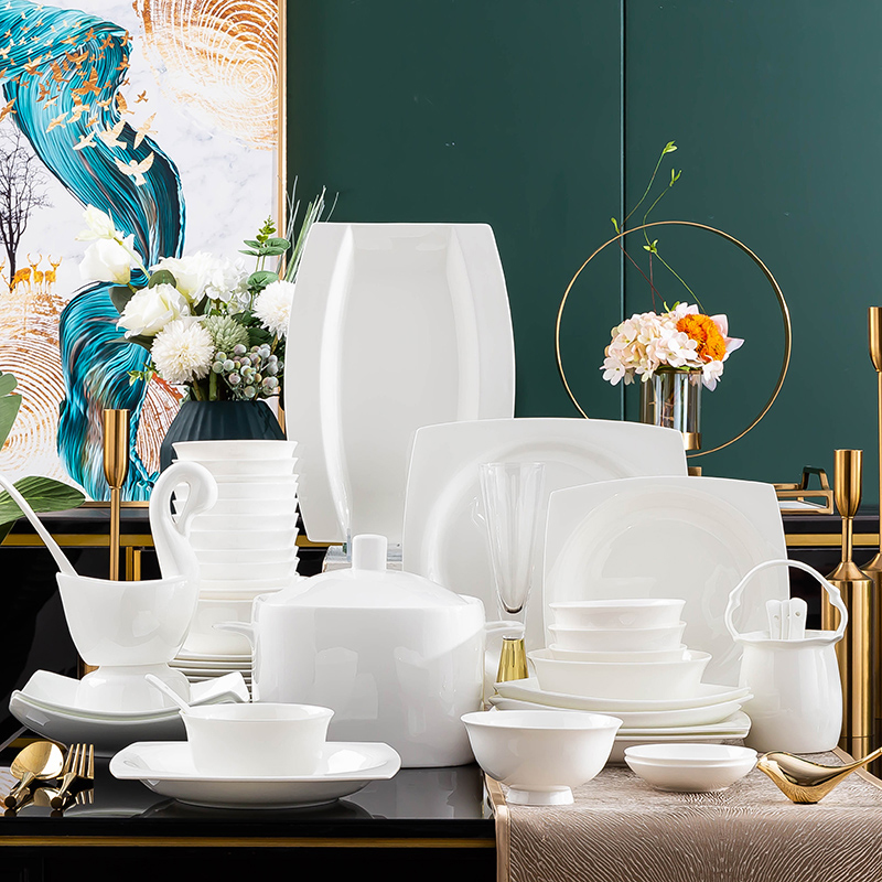 骨瓷餐具配件纯白米饭碗碟套装家用碗盘组合调料罐勺筷子自由搭配