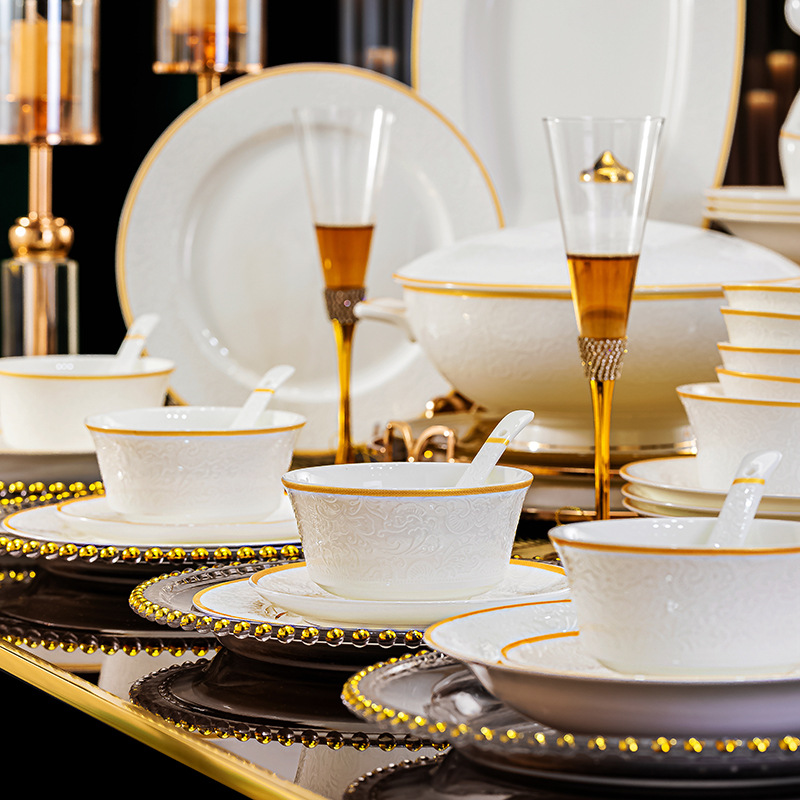 兰亭景德镇祥云浮雕骨瓷碗碟套装