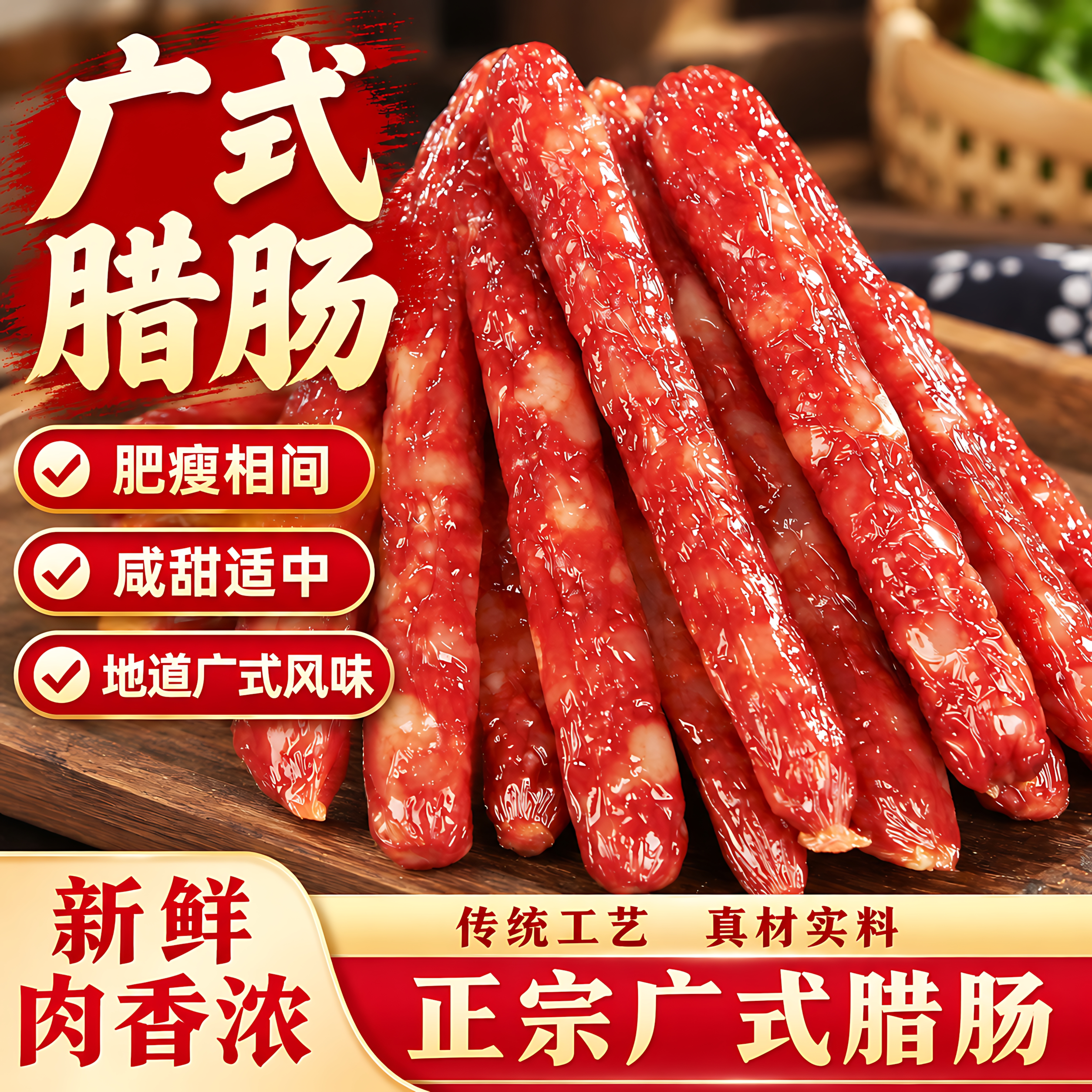 广式腊肠金字腊肠金华香肠风干土猪肉肠腊肉自制浙味特产广州甜肠