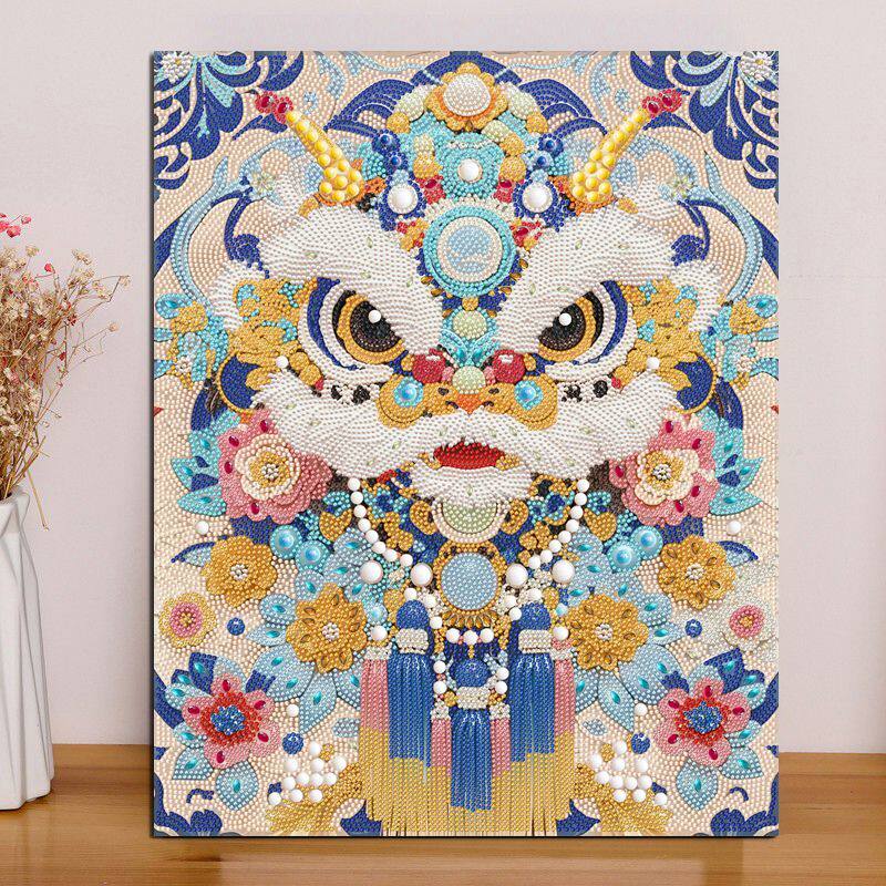 新款中国风钻石黏贴画醒狮九色鹿花朵DIY手工贴画中国3d立体摆台
